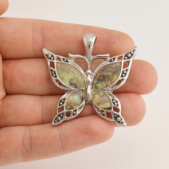 Abalone Shell Inlay Butterfly Necklace Pendant Silver Tone - Picture 3 of 3
